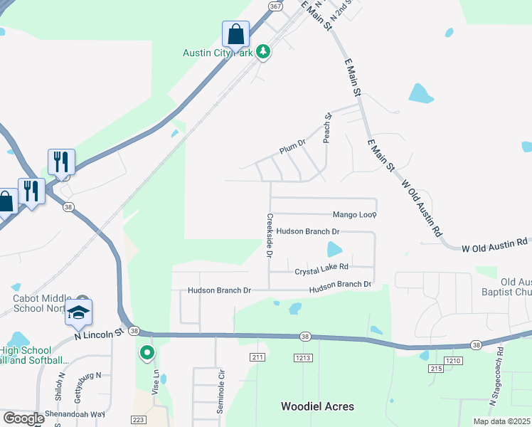 map of restaurants, bars, coffee shops, grocery stores, and more near 164 Creekside Drive in Austin
