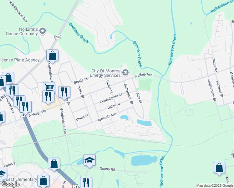 map of restaurants, bars, coffee shops, grocery stores, and more near 2101 Confederate Street in Monroe