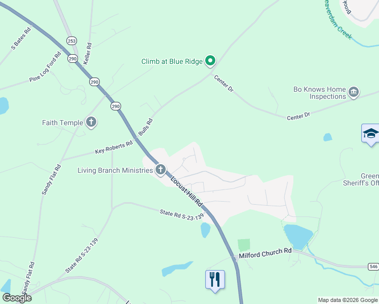 map of restaurants, bars, coffee shops, grocery stores, and more near 105 Mason Built Drive in Taylors