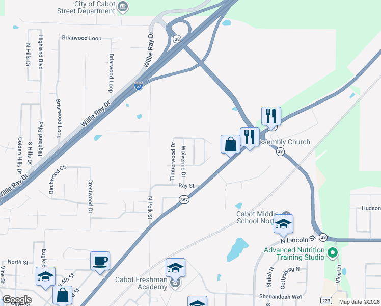 map of restaurants, bars, coffee shops, grocery stores, and more near 13 War Eagle Drive in Cabot