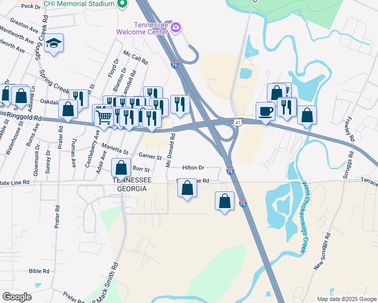 map of restaurants, bars, coffee shops, grocery stores, and more near 1523 Fincher Avenue in Chattanooga