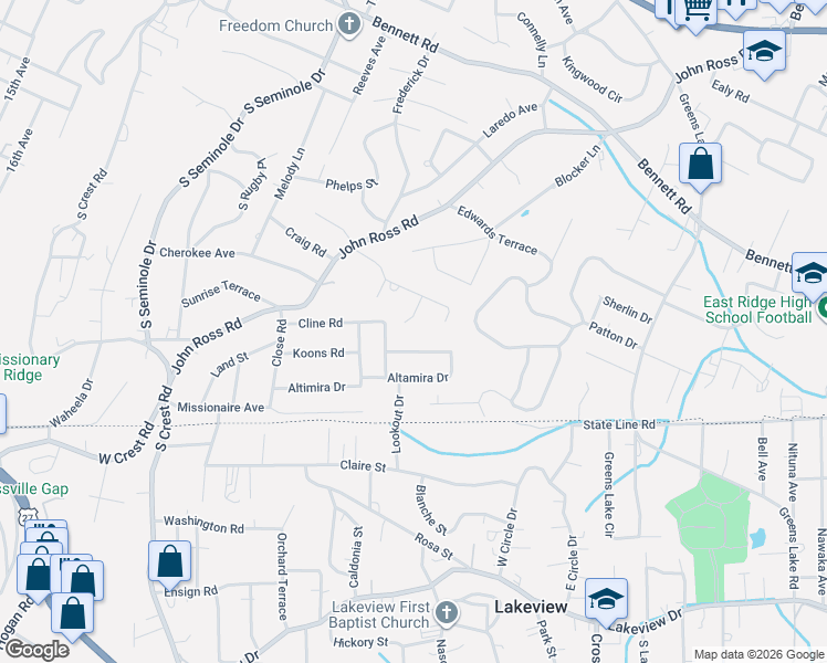 map of restaurants, bars, coffee shops, grocery stores, and more near 3830 Altamira Drive in Chattanooga