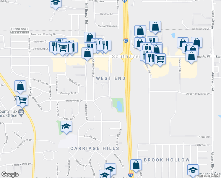 map of restaurants, bars, coffee shops, grocery stores, and more near 8710 Northwest Drive in Southaven
