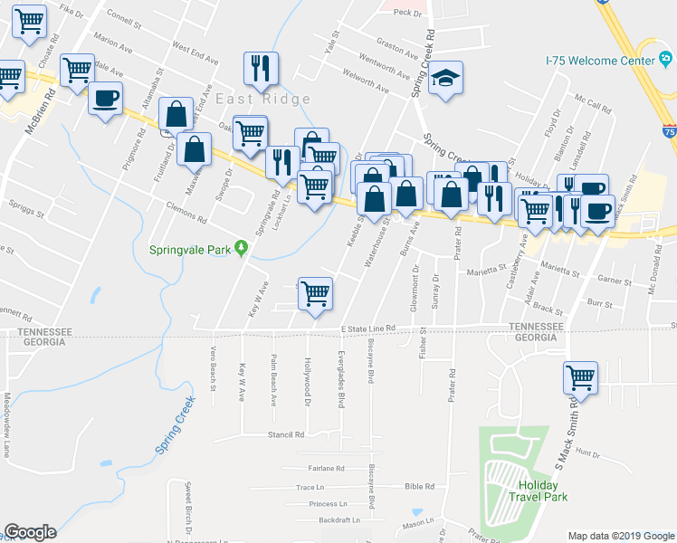 map of restaurants, bars, coffee shops, grocery stores, and more near Keeble Street in East Ridge