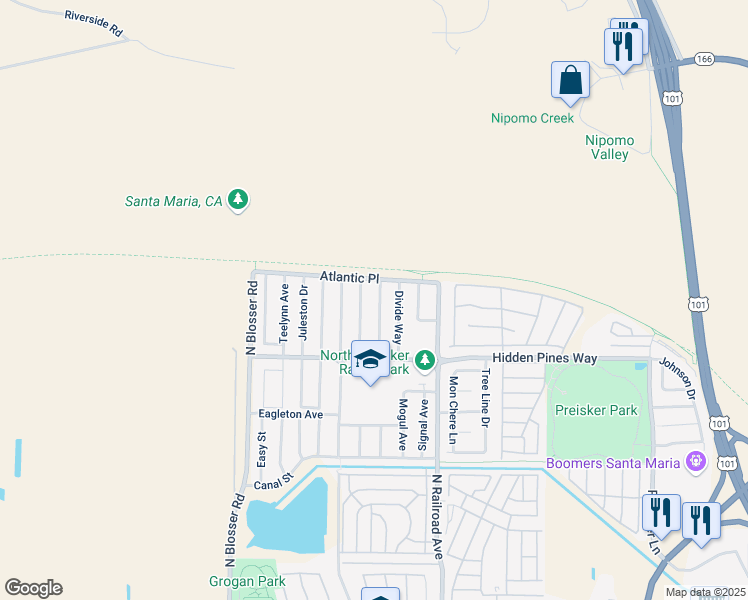 map of restaurants, bars, coffee shops, grocery stores, and more near 2449 Baldwin Way in Santa Maria