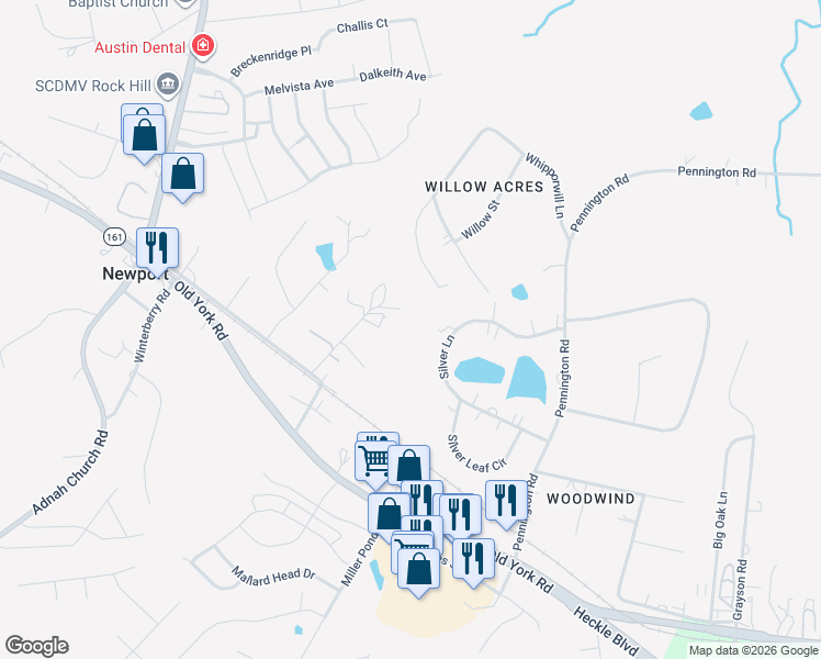map of restaurants, bars, coffee shops, grocery stores, and more near 449 Silver Lane in Rock Hill