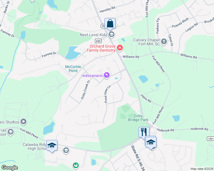 map of restaurants, bars, coffee shops, grocery stores, and more near 213 Pond View Lane in Fort Mill