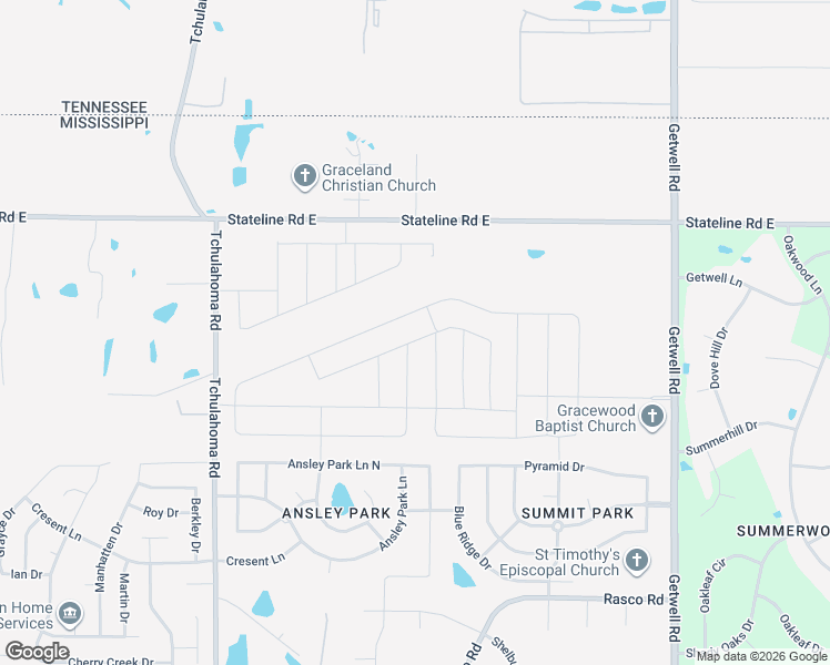 map of restaurants, bars, coffee shops, grocery stores, and more near 2404 Ansley Park Lane North in Southaven