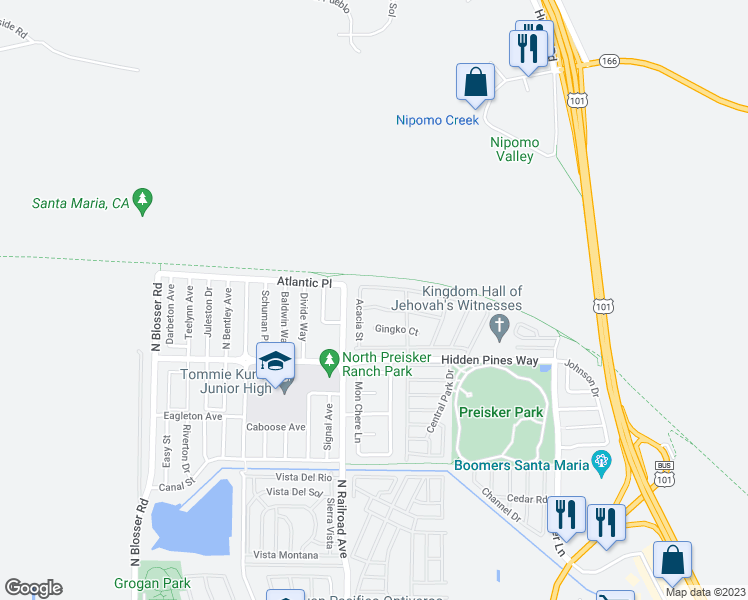 map of restaurants, bars, coffee shops, grocery stores, and more near 703 Mayten Street in Santa Maria