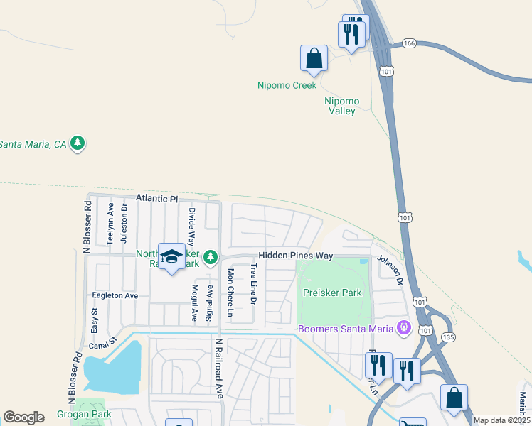map of restaurants, bars, coffee shops, grocery stores, and more near 522 Mayten Street in Santa Maria