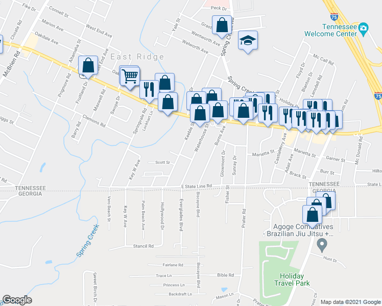 map of restaurants, bars, coffee shops, grocery stores, and more near 1531 Waterhouse Street in Chattanooga