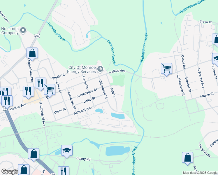 map of restaurants, bars, coffee shops, grocery stores, and more near 306 Richardson Street in Monroe