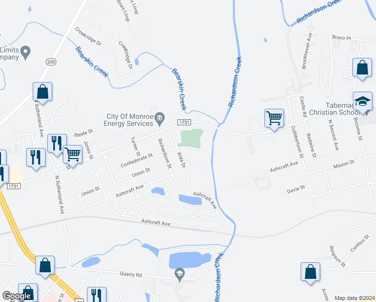 map of restaurants, bars, coffee shops, grocery stores, and more near 2302 Brooks Street in Monroe