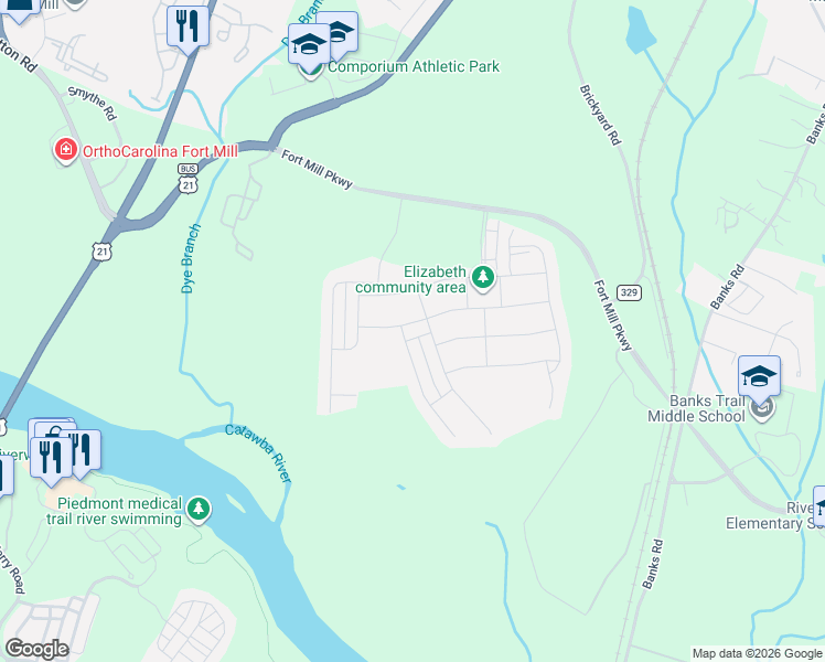 map of restaurants, bars, coffee shops, grocery stores, and more near Unnamed Road in Fort Mill