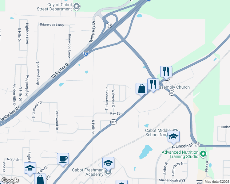 map of restaurants, bars, coffee shops, grocery stores, and more near 26 Wolverine Drive in Cabot