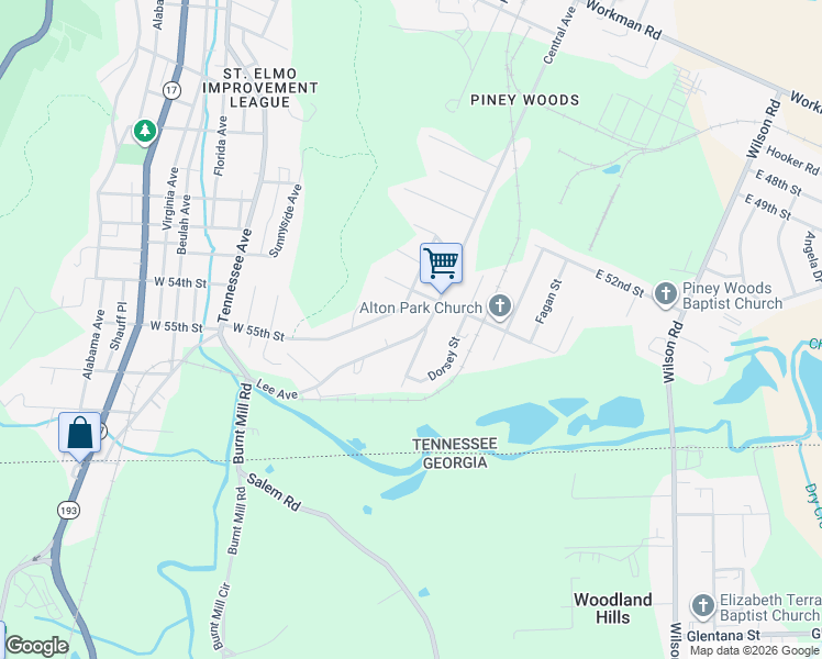 map of restaurants, bars, coffee shops, grocery stores, and more near 5320 Central Avenue in Chattanooga