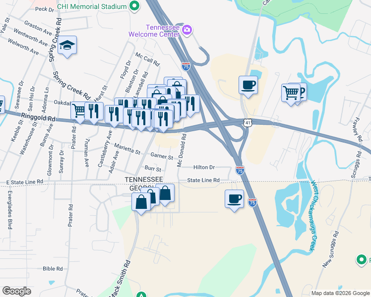 map of restaurants, bars, coffee shops, grocery stores, and more near 1515 Mc Donald Road in Chattanooga