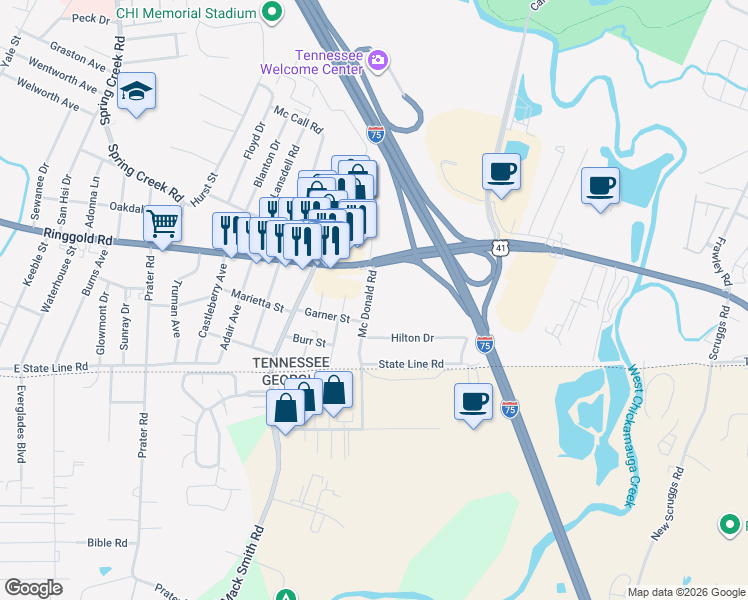 map of restaurants, bars, coffee shops, grocery stores, and more near 1515 Mc Donald Road in Chattanooga
