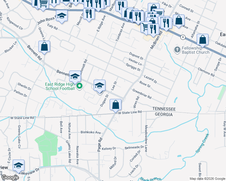 map of restaurants, bars, coffee shops, grocery stores, and more near 4512 Bennett Road in Chattanooga