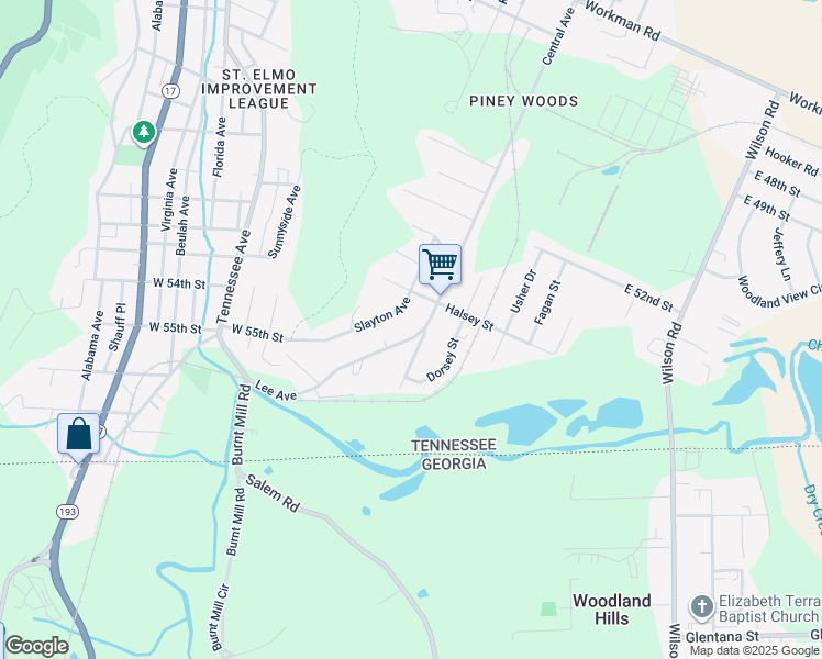map of restaurants, bars, coffee shops, grocery stores, and more near 5320 Central Avenue in Chattanooga