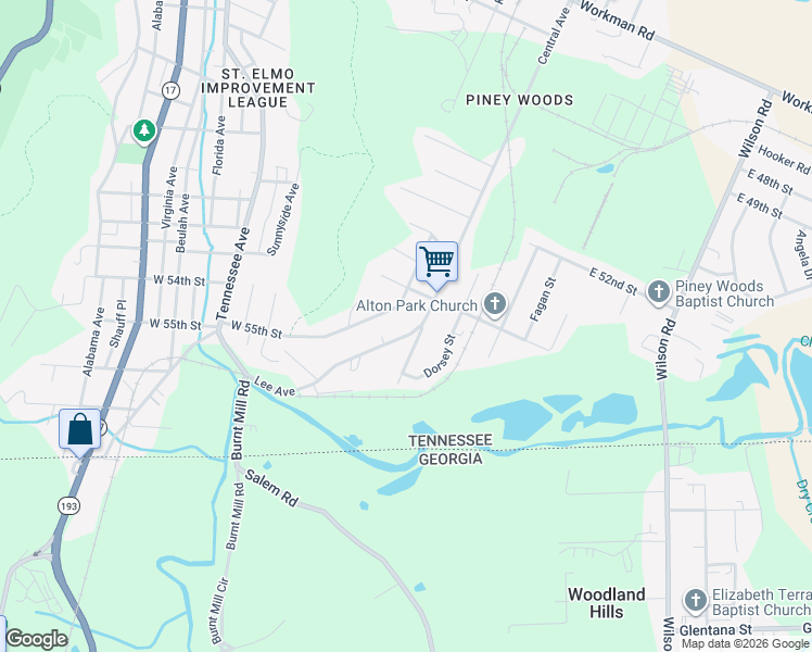 map of restaurants, bars, coffee shops, grocery stores, and more near 5320 Central Avenue in Chattanooga