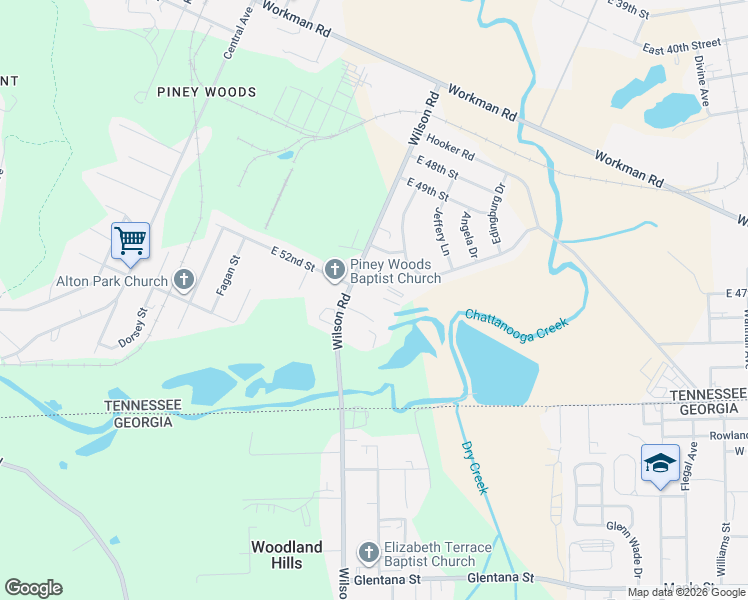 map of restaurants, bars, coffee shops, grocery stores, and more near 5200 Wilson Road in Chattanooga