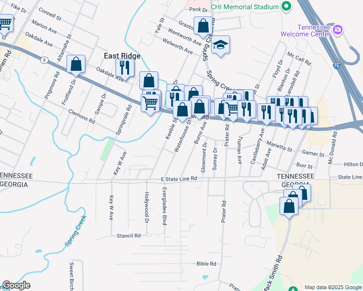 map of restaurants, bars, coffee shops, grocery stores, and more near 1526 Waterhouse Street in Chattanooga