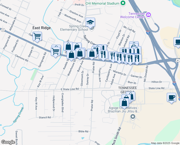 map of restaurants, bars, coffee shops, grocery stores, and more near 1601 Prater Road in East Ridge