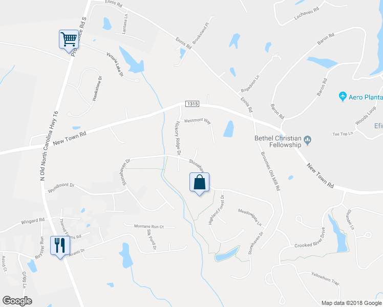 map of restaurants, bars, coffee shops, grocery stores, and more near 1906 Oak Shadow Way in Waxhaw