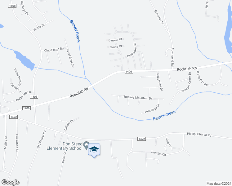 map of restaurants, bars, coffee shops, grocery stores, and more near 147 Smokey Mountain Drive in Raeford