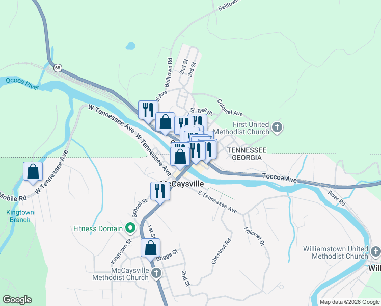 map of restaurants, bars, coffee shops, grocery stores, and more near in Copperhill