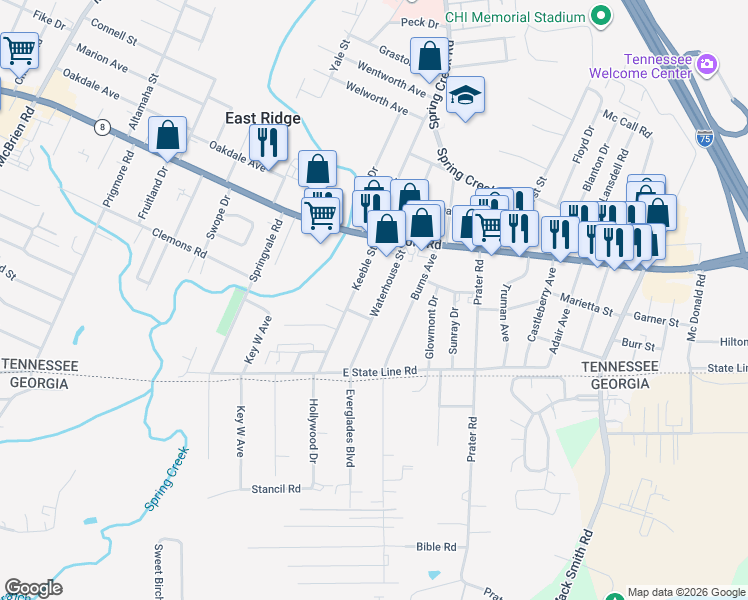 map of restaurants, bars, coffee shops, grocery stores, and more near 1527 Waterhouse Street in Chattanooga