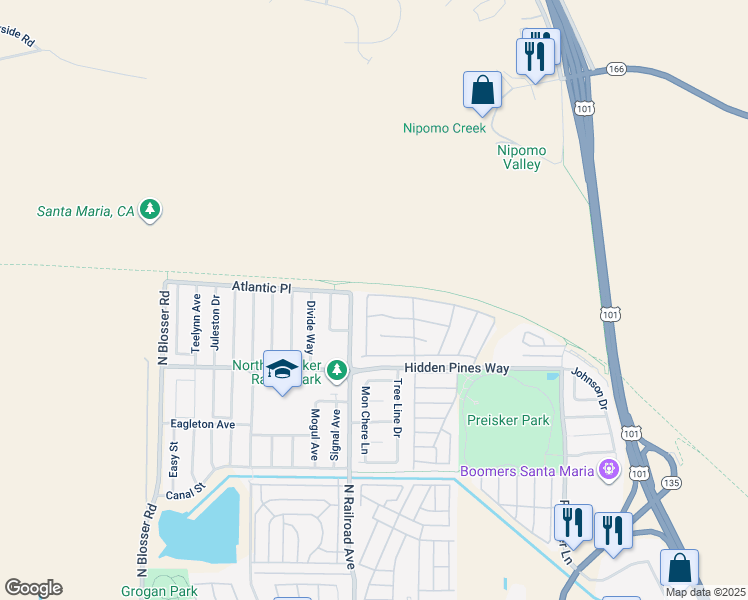 map of restaurants, bars, coffee shops, grocery stores, and more near 710 Poplar Street in Santa Maria