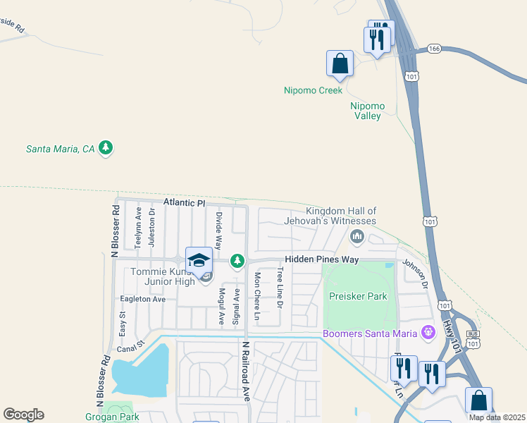 map of restaurants, bars, coffee shops, grocery stores, and more near 710 Poplar Street in Santa Maria