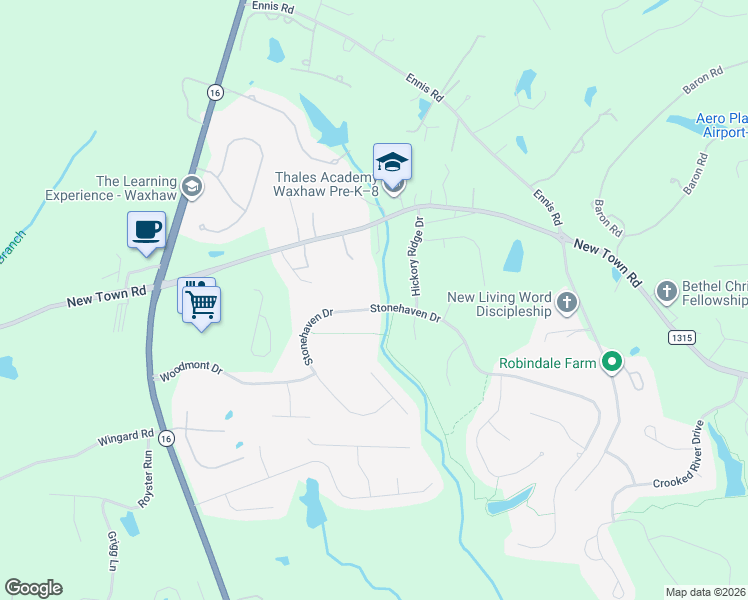 map of restaurants, bars, coffee shops, grocery stores, and more near 8023 New Town Road in Waxhaw