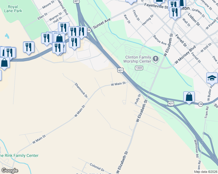 map of restaurants, bars, coffee shops, grocery stores, and more near 702-706 West Main Street in Clinton
