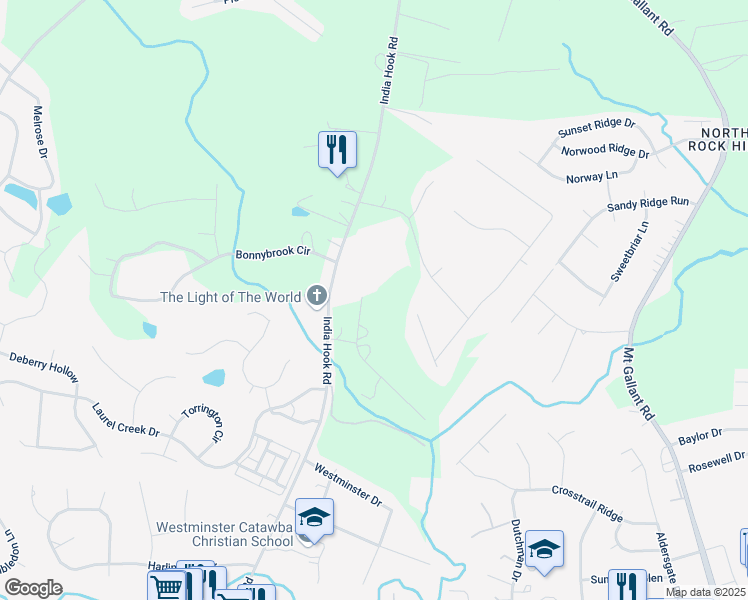 map of restaurants, bars, coffee shops, grocery stores, and more near 2970 India Hook Road in Rock Hill