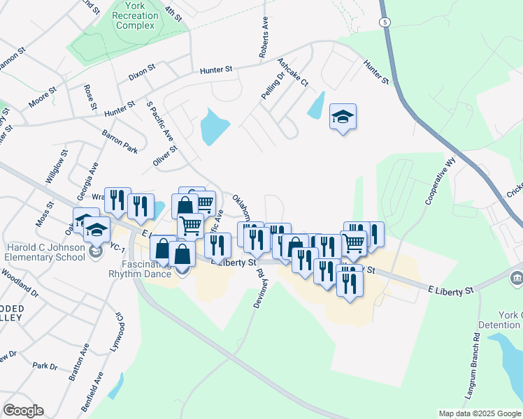 map of restaurants, bars, coffee shops, grocery stores, and more near 165 Ole Eastpointe Drive in York