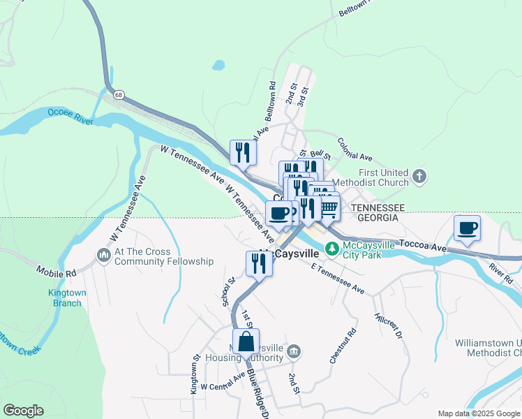 map of restaurants, bars, coffee shops, grocery stores, and more near 350 Central Avenue in Copperhill