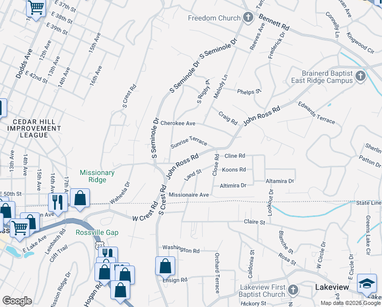 map of restaurants, bars, coffee shops, grocery stores, and more near 3526 Sunrise Terrace in Chattanooga