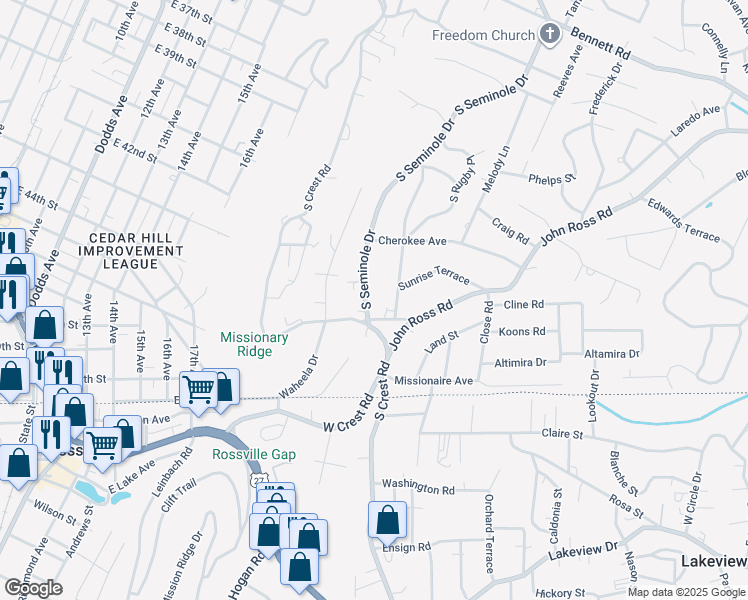 map of restaurants, bars, coffee shops, grocery stores, and more near 1724 South Seminole Drive in Chattanooga