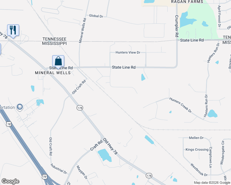 map of restaurants, bars, coffee shops, grocery stores, and more near 8953 Youngblood Road in Olive Branch