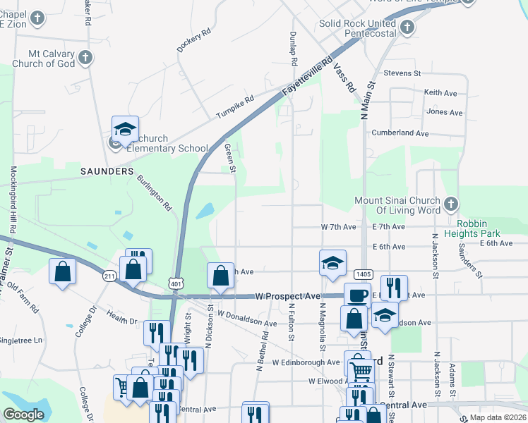 map of restaurants, bars, coffee shops, grocery stores, and more near 314 West 8th Avenue in Raeford