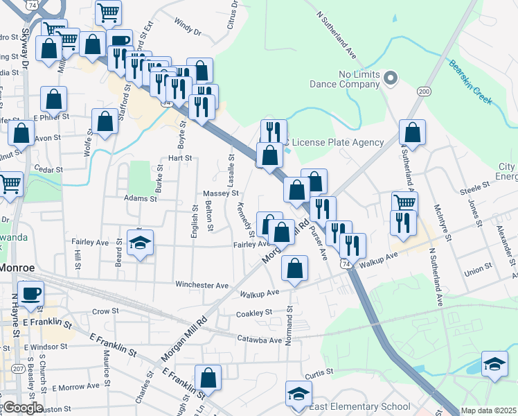 map of restaurants, bars, coffee shops, grocery stores, and more near 911 Plyler Street in Monroe