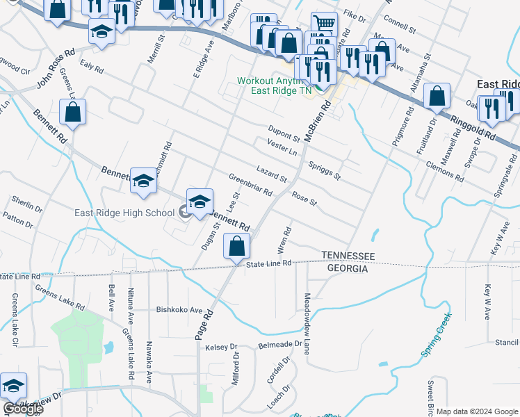 map of restaurants, bars, coffee shops, grocery stores, and more near 2011 Mcbrien Road in Chattanooga