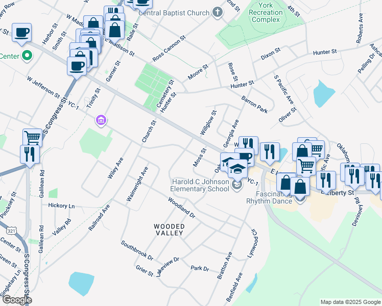 map of restaurants, bars, coffee shops, grocery stores, and more near 1 Springdale Drive in York