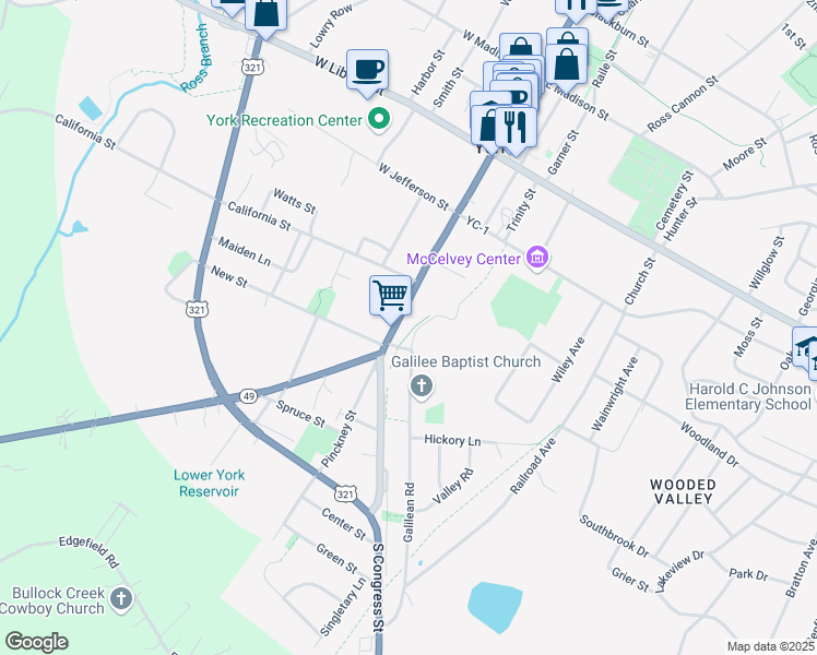 map of restaurants, bars, coffee shops, grocery stores, and more near 222 South Congress Street in York