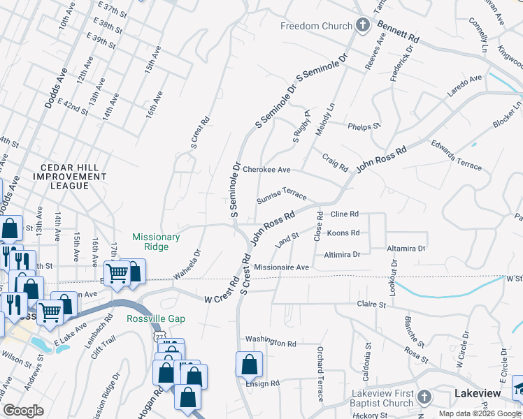 map of restaurants, bars, coffee shops, grocery stores, and more near 3506 Sunrise Terrace in Chattanooga