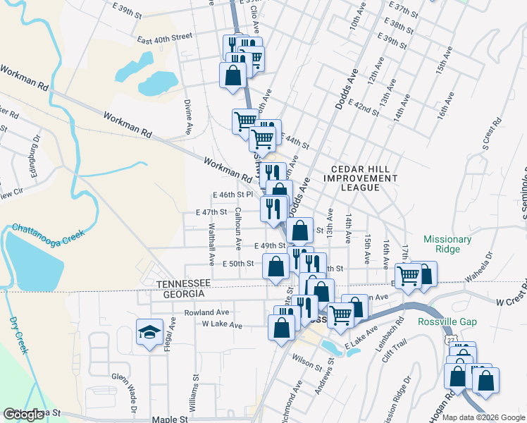 map of restaurants, bars, coffee shops, grocery stores, and more near 4619 English Avenue in Chattanooga