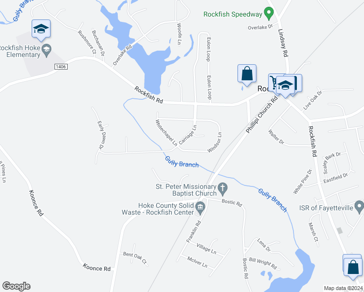 map of restaurants, bars, coffee shops, grocery stores, and more near 140 Windsor Lane in Raeford